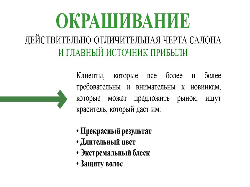ОКРАШИВАНИЕ ДЕЙСТВИТЕЛЬНО ОТЛИЧИТЕЛЬНАЯ ЧЕРТА САЛОНА И ГЛАВНЫЙ ИСТОЧНИК ПРИБЫЛИ Клиенты, которые все более и